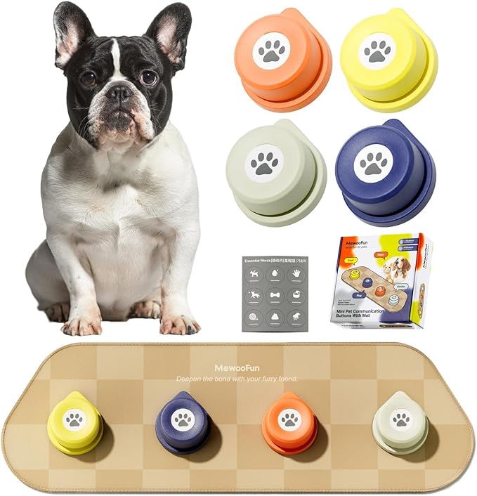 MEWOOFUN Dog Buttons Talk, Recordable Dog Clicker for Training, Dog Buttons for Communication Starter Set with Mat, Dog Talking Buttons Training Clicker for Small Dogs & Cats (Colorful, 4 Packs)