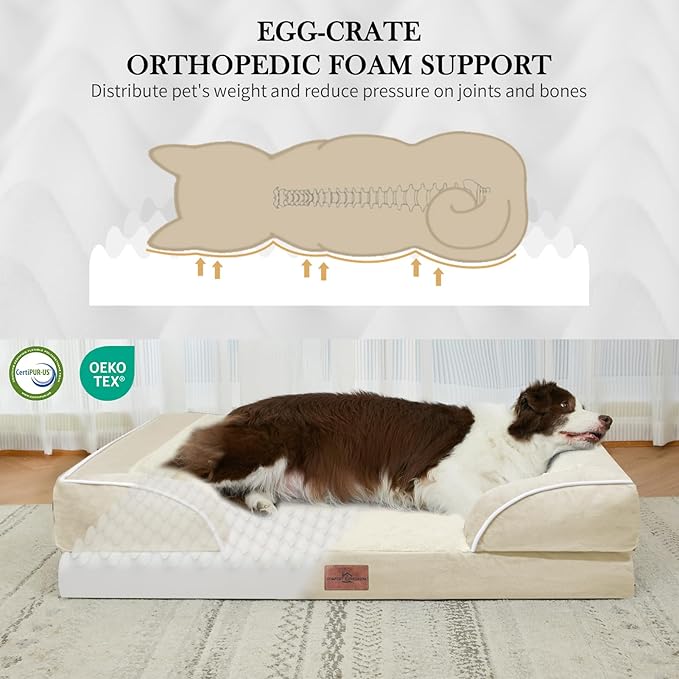 Comfort Expression Orthopedic Dog Bed for Extra Large Dogs 42x30 Inch, Waterproof Supportive Egg Crate Foam XL Pet Bed with Removable Bolsters, Dog Couch with Washable Cover & Non-Slip Bottom, Beige