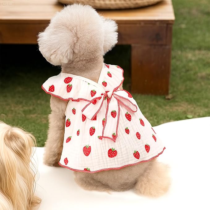 2 Pack Dog Dress Clothes for Small Dogs Girl with Leash Ring & Bow cat Dog Outfit Strawberry Printed Pet Cat Apparel Sweet Ruffled Chihuahua Yorkie Puppy Clothes