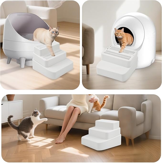 SpaceTime Elevated Litter Box Ramp/Step/Catcher Cat Litter Mat with Filter Function,Detachable Kitty Trapping Pad for Floor,Non-Slip Cat Box Mat for Indoor Kittens & Senior Cats,Easy to Clean (White)