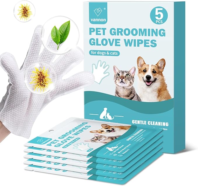 Vannon Portable Pet Bathing Wipes for Dogs & Cats, Cleaning & Odor-Controlling Extra Thick Grooming Glove Wipes for Daily Care and Traveling, Rinse Free, Nourish Fur, Individually Packaged, 5 PCS