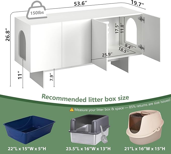 Double Litter Box Enclosure, Litter Box Enclosure for 2 Litter Boxes, Modern Litter Box Furniture for 2 Cats, Scandi Style (White)
