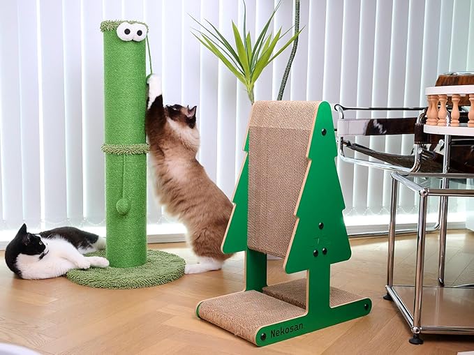 Nekosan Cat Scratching Post - 34-Inch Tall Indoor Cat Scratcher with 5.5-Inch Sisal-Wrapped Post, Hanging Ball Toy, Ideal for Large Cats and Kittens, Furniture-Friendly, Vibrant Green