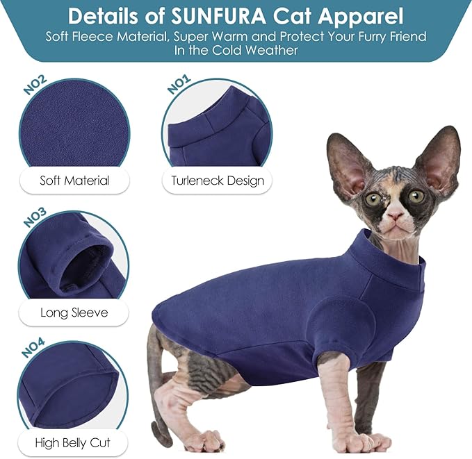 SUNFURA Turtleneck Sweater for Cat, Sphynx Cats Shirt Hairless Cat Sweaters with Sleeves, Warm and Soft Kitten Pullover Fleece Winter Pajamas Jumpsuit for Puppy Cats, Navy XL