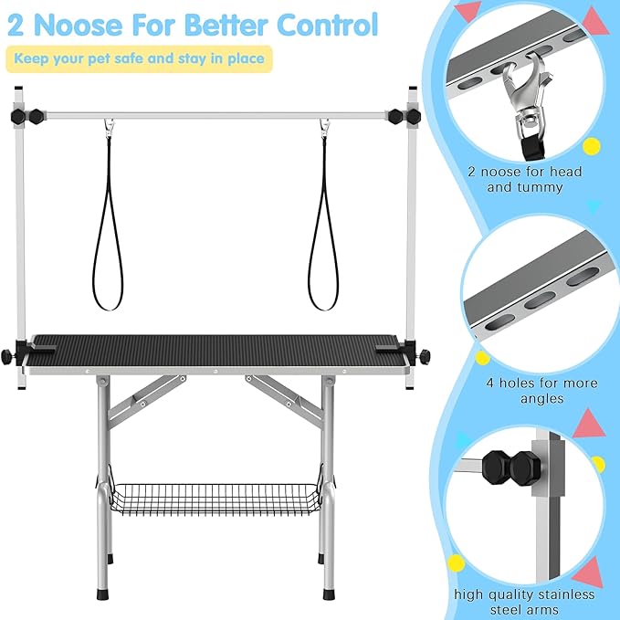 42''Large Dog Grooming Table, Adjustable Cat Drying Desktop with Arms, Nooses, Mesh Tray, Foldable Pet Station at Home, Maximum Capacity Up to 330Lb, 42inch, Black