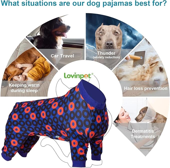 LovinPet Large Dog Pajamas for Male Dogs Anti Licking Anxiety Calming Big Dog Pajamas, Lightweight Stretchy Fabric, Ring Print, Jammies for Large Dogs, Pitbull Party Clothes, Big Dog Costume,3XL