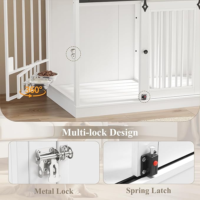 HOSTACK 71" Tall Dog Crate Furniture, 55" W Dog Kennel with Storage Hutch, XL Dog Crate for 2 Dogs with Feeding Bowls, Indoor Heavy Duty Dog Cage with Removable Room Divider, Wooden Pet House, White