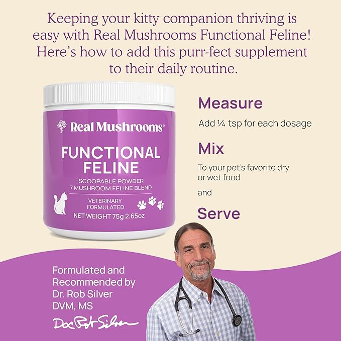 Real Mushrooms Cat Supplement Powder – Organic Mushroom Blend with Antarctic Krill & Ashwagandha – Cat Vitamins for Older Cats or Kittens – 2.65 oz Functional Feline Formula