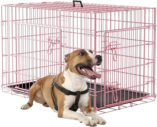 FDW Dog Crate 36inch Dog Cage Foldable Metal Kennel with Leakproof Tray Foldable Design Indoor Outdoor Use for Medium Dogs,Pink
