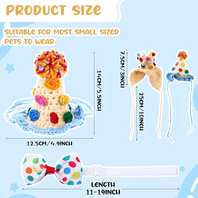 Ganeen 4 Pack Cat Birthday Hat Crochet Happy Birthday Cat Party Outfit Small Animal Top Hats Headband Rabbit Bow Tie Pet Hat Headband Bowtie Collar Costume for Rabbits Kittens Pet Party