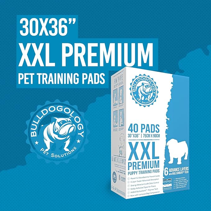 Bulldogology Premium XXL Puppy Pads with Adhesive Tabs - Dog Pads Extra Large (30x36) - Leak Proof Dog Pee Pads Extra Large - Ultra Absorbing Extra Large Puppy Pads (40-Count, White)