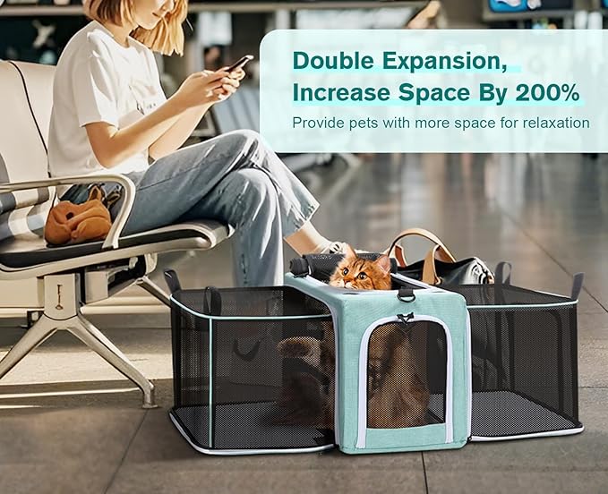 Pecute Cat Carrier Expandable, Airline Approved Cat Soft-Sided Carriers, Breathable Pet Carriers up to 5kg/12lbs, Collapsible Cat Bag Carrier Great for Travel, Outdoor, Hiking, Camping, Light Blue