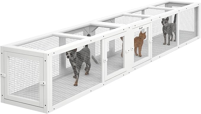 PawHut Cat Tunnel - Outdoor Wooden Tube with Combinable Design, 8 Doors, 98" Cat Toys for Kitty, Puppy, Pet, House, Window, Cage, White