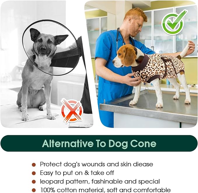 Kuoser Dog Surgery Suit, Comfy Dog Recovery Suit Female Doggie Onesie for Surgery, Post Op Protective Onesie, Soft E-Collar Alternative for Cats & Puppies, BrownLeopard XS