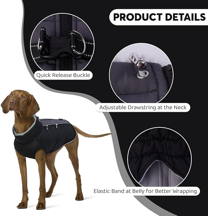 IDOMIK Warm Dog Coat with Harness, Waterproof Reflective Dog Jackets for Small Medium Large Dogs, Fleece High Collar Winter Jacket with Zipper, Pet Winter Snowsuit Clothes for Cold Weather,Black S