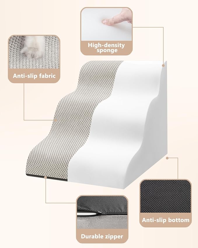Dog Stairs for Small Dogs,3 Step Dog Ramp for Couch and Bed,Pet Stairs with Non-Slip Bottom for Old Cats,Indoor Pet Steps,Comfort,Durable,15.4" H,Light Grey