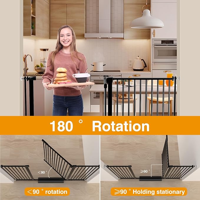 Extra Wide Baby Gate 30.11-77.36",Ultra Narrow 1.37" Spacing Dog Gate indoor,Double Lock Auto Close Pet Gate for House,Pressure Mounted Baby Gate Easy Walk Through Pet Gate for Hallway(Black)