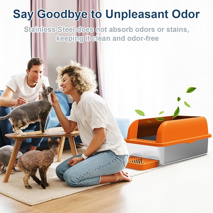 Enclosed Stainless Steel Litter Box with Lid Extra Large Litter Cat Box for Big Cats XL Metal Litter Pan Tray with High Sides Enclosure, Anti-Leakage, Easy Cleaning (Orange)