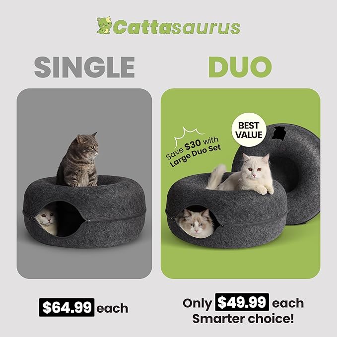CATTASAURUS Peekaboo Cat Cave for Multiple & Large Cats Up to 30-45 Lbs, Scratch Detachable & Washable Tunnel Bed, Comfy Donut Cat Cave (Dark Gray + Dark Gray, Large)