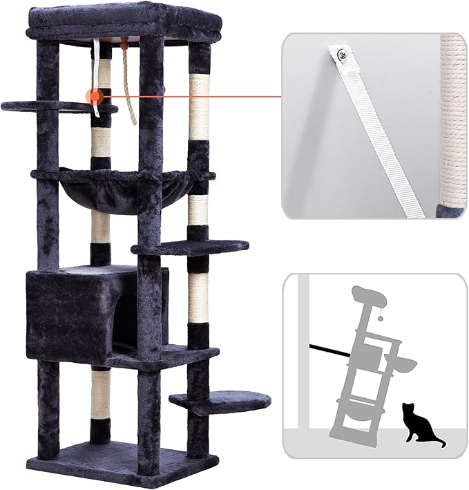 Heybly Cat Tree for Large Cats 20lbs Heavy Duty, 60 inches XXL Cat Tower for Indoor Cats, Multi-Level Furniture Condo with Big Padded Plush Perch, Cozy Basket, Smoky Gray HCT050G