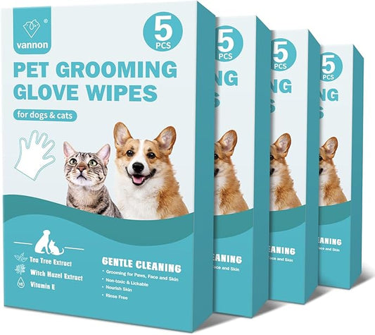 Vannon Portable Pet Bathing Wipes for Dogs & Cats, Cleaning & Odor-Controlling Extra Thick Grooming Glove Wipes for Daily Care and Traveling, Rinse Free, Nourish Fur, Individually Packaged, 20 PCS