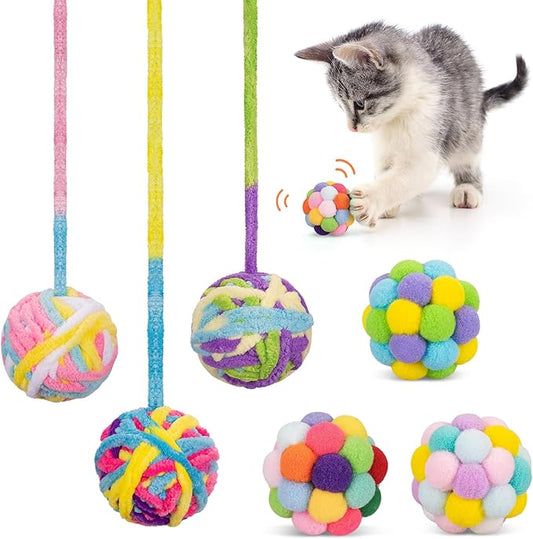 Retro Shaw Cat Toys Balls, 6Pack Yarn Cat Ball with Bell Inside, Interactive Kitten Toys for Indoor Cats Kitty Chew Kick, Colorful Soft Fuzzy Pet Toy Ball with String
