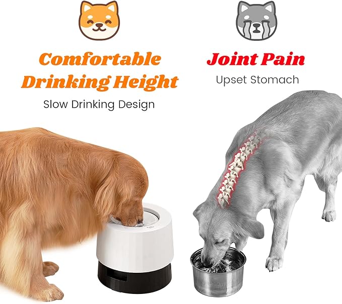 Pawque Raised 95oz Slow Drinking Dog Water Bowl No Spill for Medium Large Breed, Single Elevated Stainless Steel Water Bowl with Floating Disc, Stable Sturdy Base and Snap on Adjustable Height Stand