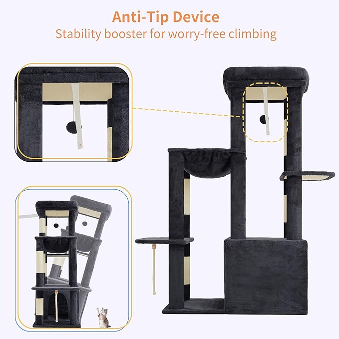 Heybly Heavy Duty Cat Tree, Tower for Indoor Cats large adult, Tall Cat Condo House with Extra-Large Baseboard, Multi-Level Plush Furniture with Scratching Posts, Hammock,Toy Balls, Smoky Gray HCT026G