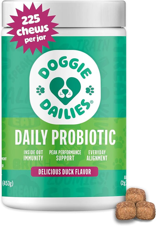 Doggie Dailies Probiotics for Dogs - Advanced Dog Probiotics with Prebiotics - Promotes Digestive Health - Supports Immune System and Overall Health (Duck) 225 Soft Chews