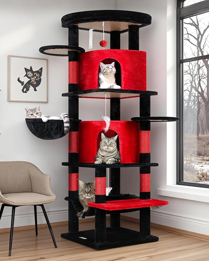 Globlazer Gothic Corner Cat Tree Tower for Large Cat, 66inch Tall Large Goth Cat Tree for Multiple Indoor Cats with 6 Scratching Posts, 2 Spacious Condos, Soft Hammock, Hanging Basket, C66, Red Black
