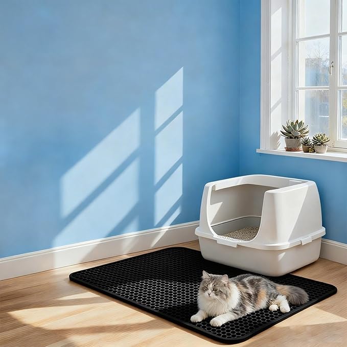 Cat Litter Mat Cat Litter Trapping Mat, 20 x 16 inch Honeycomb Double Layer Design, Urine and Water Proof Material, Scatter Control, Less Waste, Easier to Clean, Washable black