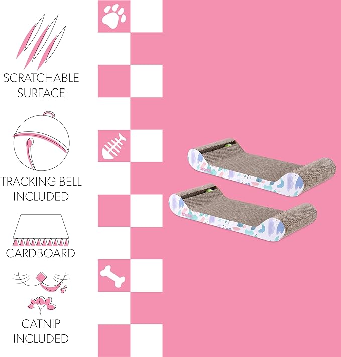 CSR1003A-SET2 Rini 23.75" Modern Cardboard Lounge Bed Cat Scratcher with Built-in Bell Toys and Catnip, White/Multi (Set of 2)