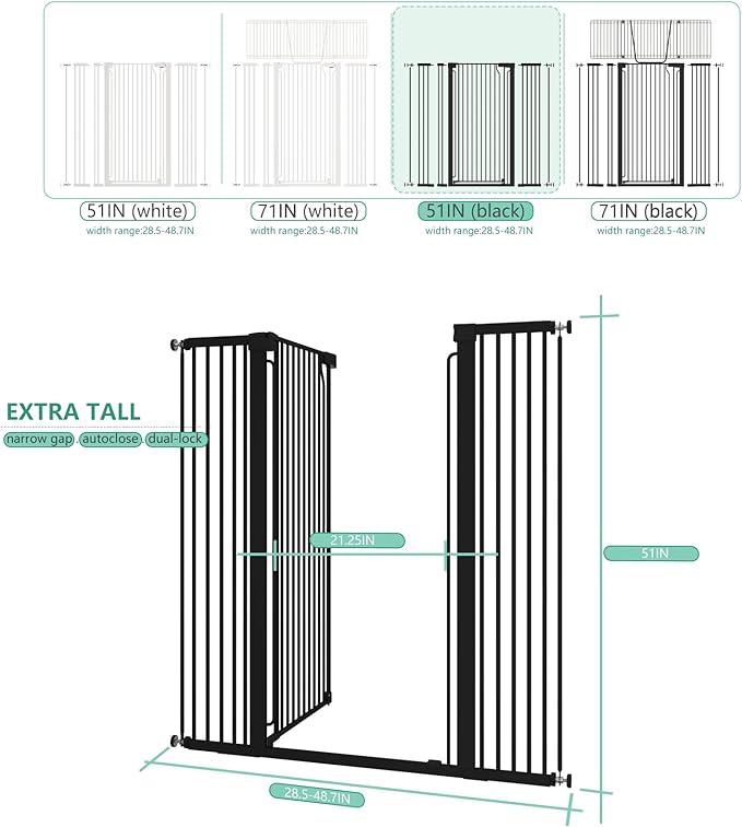 51" Extra Tall Cat Gate for Doorway Auto Close Encrypted Cat Gate 28.5"-48.7" Adjustable Width Pet Gate Include 5.5" and 8.26" Extension Kits No Drilling Pressure Mount Kit