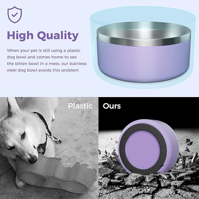 Dog Bowl, Stainless Steel Dog Food and Water Bowl with Non Slip Quiet Bottom, Easy to Clean, Dishwasher Safe, 64oz, Light Purple