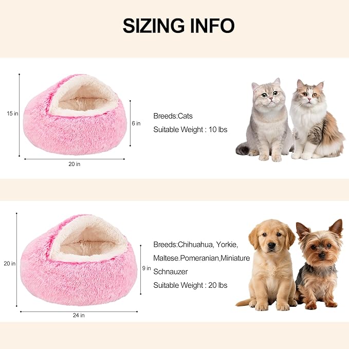 Calming Dog Beds with Hooded Cat Cave Cover - Removable, Washable Round Beds for Small to Medium Pets, Anti-Slip Faux Fur Fluffy Cover for Improved Sleep - Fits up to 15/25 lbs (Pink, M)