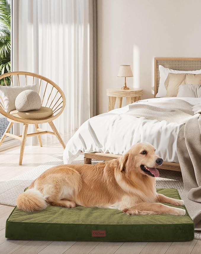 OhGeni Orthopedic Waterproof & Machine Washable Dog Bed for Large Pets, Suitable for Crates, Cat Mat with 25D Egg Crate Foam, Non-Slip Bottom & Removable Cover, 41 Inches(Dark Green)