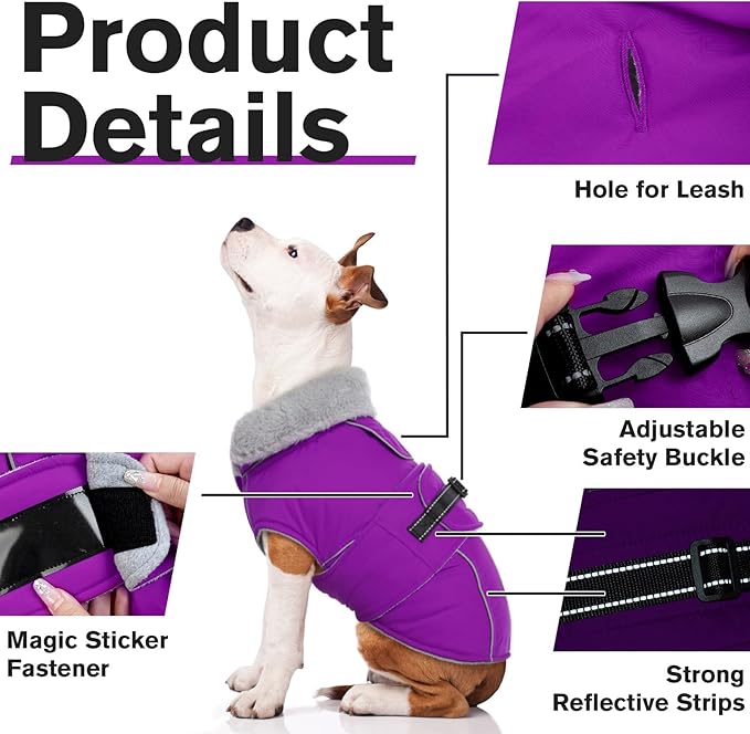 Lelepet Warm Dog Coat Reflective Fleece Vest Waterproof Dog Jacket with Adjustable Buckle Hook & Loop Windproof Cold Weather Coats for Small Medium Large Dogs, Purple, S