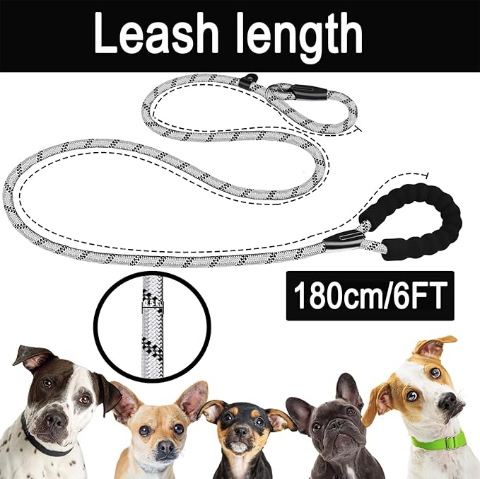 Dog Leash 6 FT, Durable Premium Quality Strong Training Rope Slip Leash with Comfortable Padded Handle and Highly Reflective Threads for Small Medium and Large Dogs, (Light Gray)