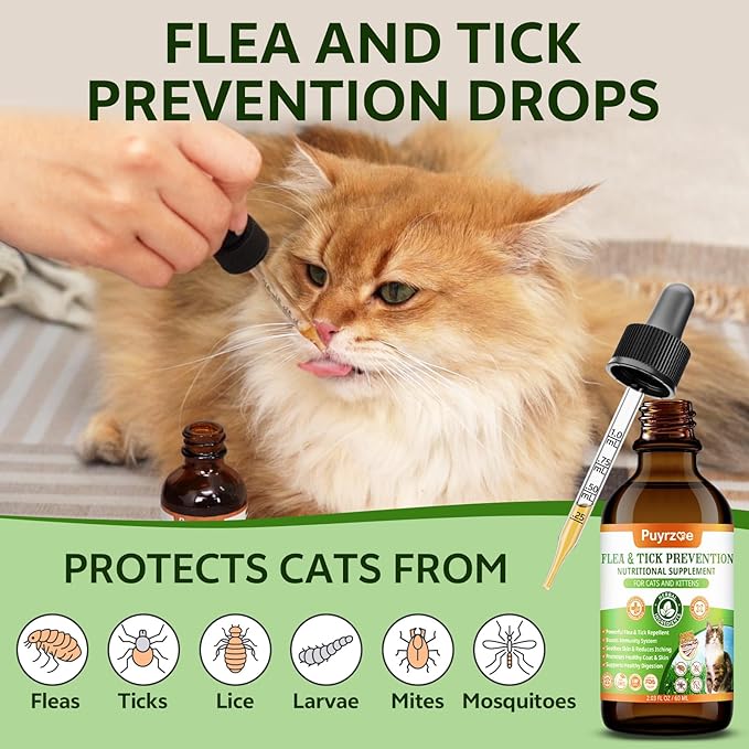 Natural Flea and Tick Prevention for Cats, 60 ML Herbal Formula with Multivitamins, Pumpkin Seed, Flea Treatment for Cats Kittens Supplement Drops - Immune, Skin & Coat Support