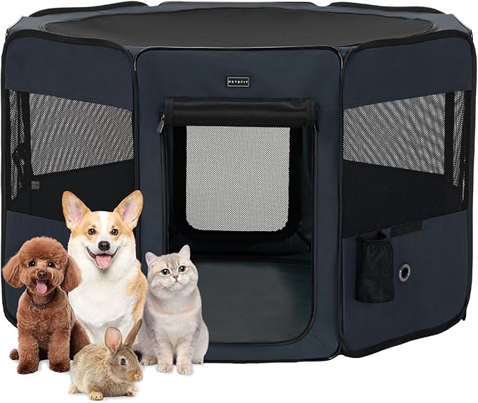 PETSFIT 45.5" Dog Playpen with Dual Zipper Doors –Sturdy Foldable Pet Playpen for Large & Medium Dogs with Removable Mesh Top and Leakproof Bottom
