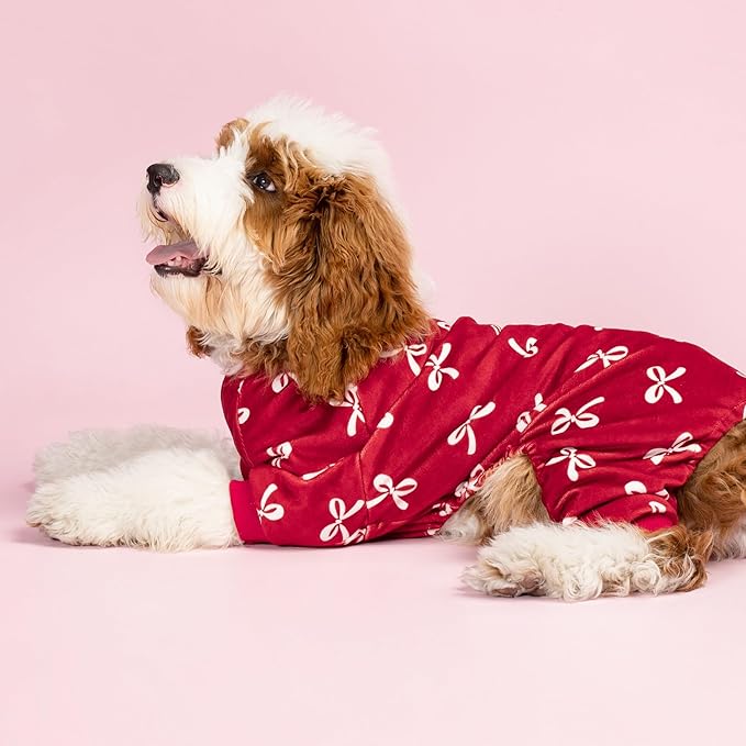Fitwarm Bowknot Dog Pajamas, Warm Clothes for Small Dogs Girl, Fleece Pet Onesie with Feet, Burgundy Red, White, Large