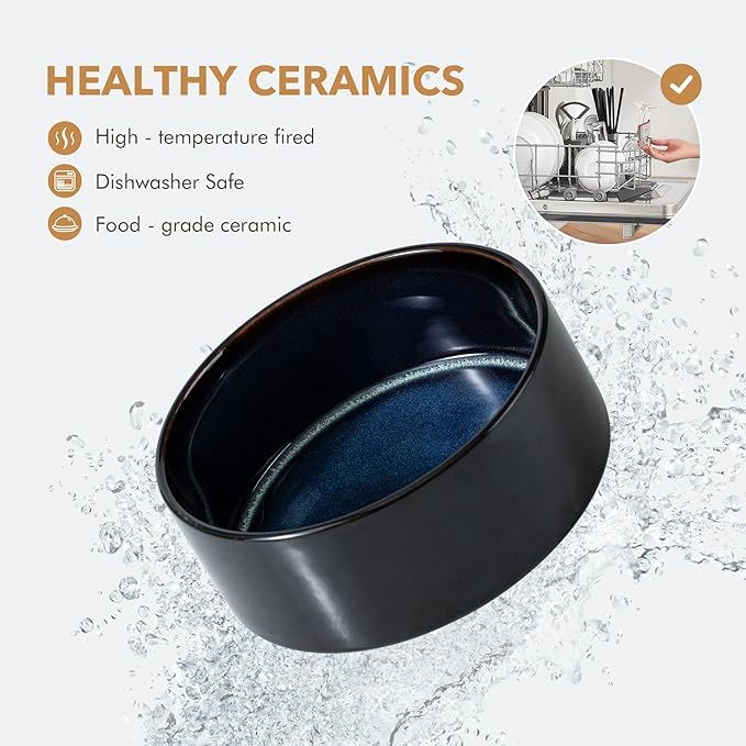 Ceramic 5.1inch Raised Dog and Cat Bowl Set, 2 Heights Elevated Wooden Stand for Puppy, Kitty, Cats, Weighted Pet Food and Water Dishes(5.1'',13.5oz, Starry Sky)