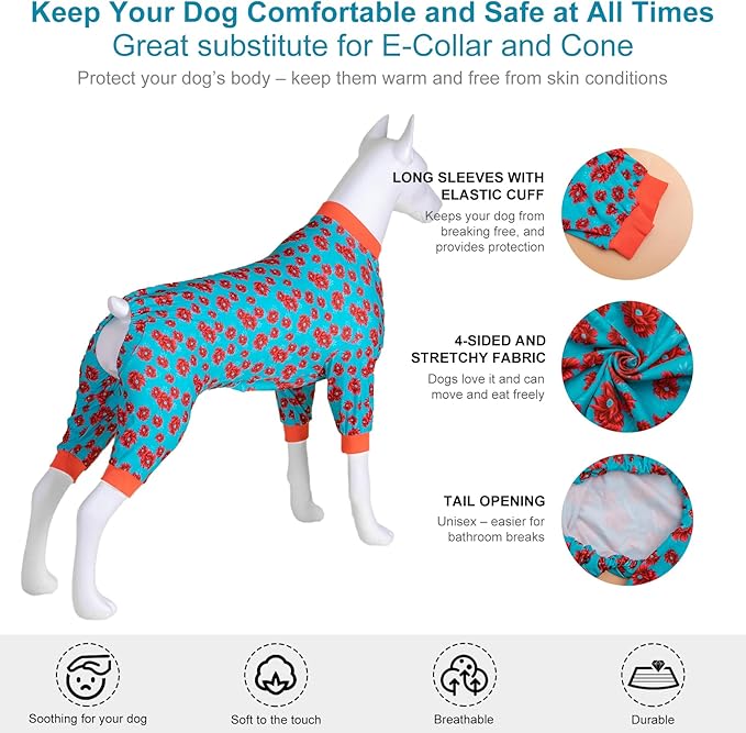 LovinPet Dog Clothes for Large Size Dog Boy, Anti Licking Bodysuit, Pajamas for Pitbulls, Pajamas for Large Dogs, Post Surgery,Tretchy Skin-Friendly Fabric,Mint & Dark Coral Floral Print, Medium