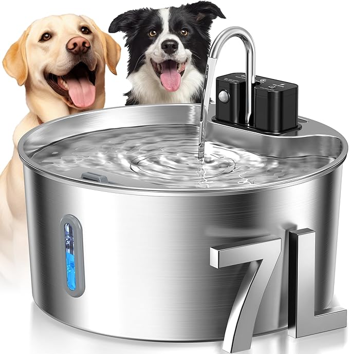Voluas Dog Water Fountain: 1.8Gal/7L Wireless Stainless Steel Dog Fountain Bowl for Small to Large Dogs, Battery Operated Pet Water Dispenser Indoor with Ultra-Quiet Pump, Multi-Filtration, Easy Clean