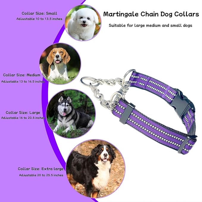 Martingale Dog Collars, Reflective Nylon Collar with Stainless Steel Chain, Adjustable Walking Training Dog Collars with Quick Release Buckle, Suitable for Small Medium Large Dogs(Purple,XL)