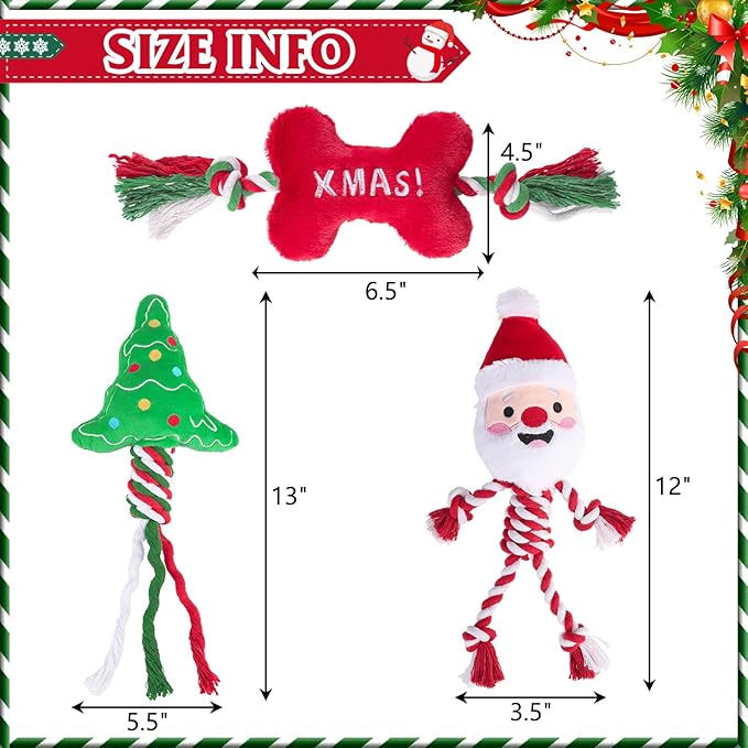 PUPTECK Christmas Dog Squeaky Chew Toys - 3 PCS Funny Santa Plush Stuffed Toys for Puppy Pet Tugging Playing