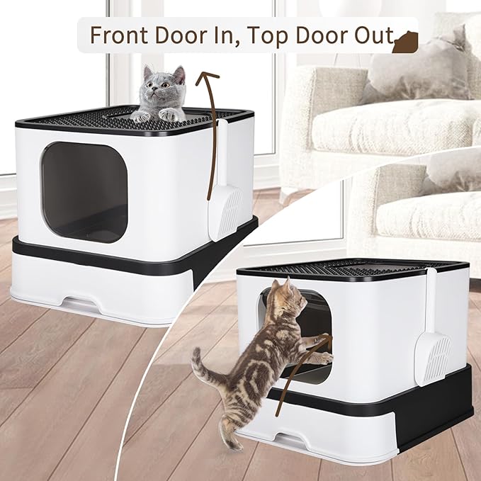 RIZZARI Stainless Steel Cat Box: Enclosed Design with High Walls - Black - Large Litter Pan for Odor Control - Anti Leakage for Bedroom Living Room