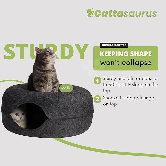 CATTASAURUS Peekaboo Cat Cave for Multiple & Large Cats Up to 30-45 Lbs, Scratch Detachable & Washable Tunnel Bed, Comfy Donut Cat Cave (Dark Gray + Dark Gray, Large)