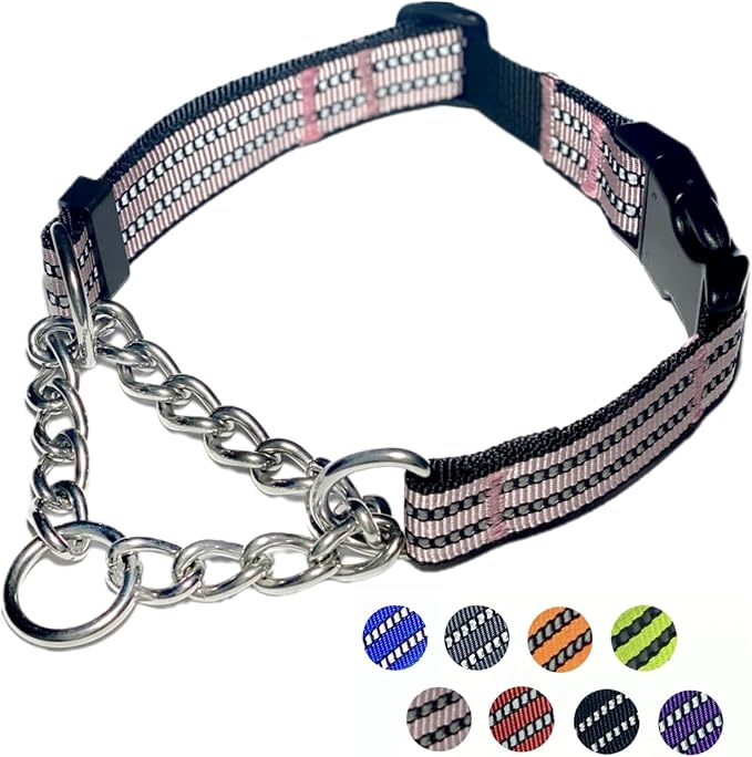 Martingale Dog Collars, Reflective Nylon Collar with Stainless Steel Chain, Adjustable Walking Training Dog Collars with Quick Release Buckle, Suitable for Small Medium Large Dogs(Pink,XL)