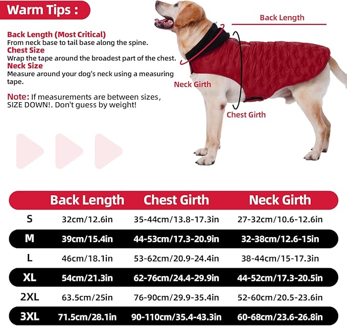 Nanaki Warm Dog Puffer Coat for Large Dogs-Lightweight Windproof Dog Coat with Hood, Water Resistant Pet Snowsuit for Cold Weather, Reflective Snowsuit, Adjustable Puffer Vest with Leash Hole, Red